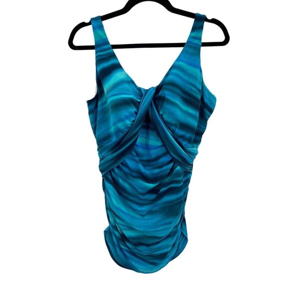 Lands' End One Piece Swimsuit Womens 18 Blue Tie Dye Nylon Skort‎ Padded Cups - Picture 1 of 7